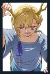  1girl antlers blonde_hair blue_shirt dragon_girl dragon_horns hair_between_eyes horns kicchou_yachie looking_at_viewer open_mouth red_eyes shio_(futatsumami) shirt short_hair simple_background smile square_neckline touhou turtle_shell yellow_horns 