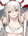  1girl :d arknights bandeau bare_shoulders braid commentary_request ekuesu fang horns long_hair looking_at_viewer midriff nian_(arknights) open_mouth purple_eyes smile solo strapless tube_top twin_braids unfinished upper_body white_hair 