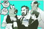  +++ 6+boys ^^^ adamus_(crave_saga) bara beard blue_background bottle bow bowtie cake character_request closed_eyes collared_shirt crave_saga dress_shirt earrings facial_hair fangs food forked_eyebrows formal fur-trimmed_jacket fur_trim ghost glasses grin guardion_(crave_saga) hand_on_own_chin hat highres holding holding_bottle holding_plate hyena_boy hyena_ears jacket japanese_clothes jewelry kazuo_tashishi kepi kerykeion_(crave_saga) kimono looking_at_another lyon_(crave_saga) male_focus military_hat monochrome multicolored_hair multiple_boys muscular muscular_male mustache necklace necktie notice_lines old old_man plate seldore_(crave_saga) shirt smile spot_color stroking_own_chin tearing_up thick_eyebrows triangle_mouth triangular_headpiece two-tone_hair vest wine_bottle 