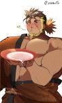  1boy ai_manato another_eidos-r bara bare_pectorals beard blonde_hair blush cowboy_shot cup drunk facial_hair full_beard hadanugi_dousa holding holding_cup japanese_clothes jinnosuke_(another_eidos) kimono large_pectorals male_focus mouth_hold multicolored_hair muscular muscular_male new_year orange_kimono pectorals sakazuki scar_on_head solo spilling stalk_in_mouth thick_beard thick_eyebrows two-tone_hair 