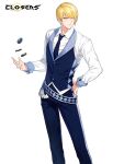  1boy alternate_hair_color belt blonde_hair blue_belt blue_eyes blue_necktie blue_pants blue_vest chulsoo_kim_(closers) closers collared_shirt copyright_name croupier dress_pants dress_shirt feet_out_of_frame hair_over_one_eye hand_on_own_hip highres light_smile logo long_sleeves looking_to_the_side male_focus necktie official_art pants poker_chip shirt short_hair solo standing swept_bangs tossing turning_head vest waistcoat white_background white_shirt 