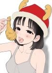  1girl bare_shoulders black_eyes black_hair blush bra fried_chicken hanamizawa_q-tarou hat highres open_mouth original santa_hat simple_background solo underwear white_background 