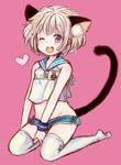  animal_ears bad_id bad_pixiv_id blonde_hair cat_ears copyright_request fang heart midriff one_eye_closed purple_eyes school_uniform serafuku solo tail thighhighs tomoya_(artist) 