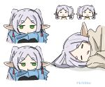  1girl :3 =_= character_name chibi closed_eyes frieren green_eyes highres long_hair lying multiple_views on_side open_mouth parted_bangs pointy_ears portrait scarf sidelocks simple_background sleeping sousou_no_frieren thick_eyebrows tokiwa_(914) twintails white_background 