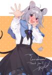  1girl adapted_costume ahoge akagashi_hagane animal_ears black_pantyhose black_skirt blue_capelet blush capelet commission cowboy_shot grey_hair jewelry long_sleeves looking_at_viewer mouse_ears mouse_tail nazrin open_mouth pantyhose pendant red_eyes shirt short_hair signature skeb_commission skirt solo tail touhou white_shirt 