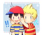  ! !! 0mzum1 2boys :d :o ^^^ baseball_cap black_hair blonde_hair blue_background blue_eyes blue_shirt blush blush_stickers border commentary_request hands_on_another&#039;s_face hands_up hat looking_at_another looking_at_viewer lucas_(mother_3) male_focus mother_(game) mother_2 mother_3 multiple_boys ness_(mother_2) open_mouth outside_border purple_eyes quiff red_headwear red_shirt shirt short_hair short_sleeves sideways_hat simple_background smile snowflakes sparkle striped_clothes striped_shirt t-shirt two-tone_shirt upper_body white_border yellow_shirt 