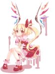  1girl arms_between_legs blonde_hair bobby_socks bow closed_mouth fang fang_out flandre_scarlet full_body hair_between_eyes hair_bow heart heart-shaped_pupils hiyosuke_(ak_love) knees_together_feet_apart light_smile long_hair looking_at_viewer mary_janes multicolored_wings no_headwear one_side_up petite pigeon-toed pink_shirt pink_socks puffy_short_sleeves puffy_sleeves red_bow red_eyes red_footwear red_skirt red_vest shirt shoes short_sleeves simple_background sitting skirt sleeve_bow socks solo symbol-shaped_pupils touhou vest white_background wings wrist_cuffs 