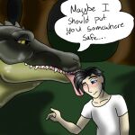 alligator alligatorid anthro blush clothing crocodilian dialogue duo forest human jeremiah_leckrone licking male male/male mammal oral_vore plant reptile scalie shirt size_difference soft_vore speech_bubble teeth tongue tongue_out topwear tree vore