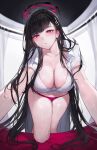  1girl all_fours alternate_costume black_hair black_halo blue_archive blurry blurry_background blush breasts bright_pupils cleavage commentary_request hair_ornament hairpin halo highres indoors large_breasts long_hair looking_at_viewer mechanical_halo midriff panties qiandaiyiyu red_eyes red_panties rio_(blue_archive) shirt solo thighs underwear very_long_hair white_pupils white_shirt 