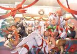  5girls amenosaka_nono animal_ears bell black_dress blue_eyes blue_hair blurry blurry_background bow breasts character_request christmas christmas_tree christmas_wreath copyright_notice crossed_legs dark-skinned_female dark_skin detached_sleeves dress fang fur-trimmed_dress fur-trimmed_headwear fur_trim green_bow grey_hair hair_between_eyes hair_bow hat heterochromia high_heels large_breasts leopard_ears leopard_tail long_hair multiple_girls official_art open_mouth orange_hair puffy_sleeves red:_pride_of_eden red_bow red_dress red_eyes red_headwear red_nails red_ribbon ribbon santa_hat sitting suspenders tail tail_ornament tail_ribbon thighhighs two-tone_nails white_footwear white_nails white_sleeves white_thighhighs wreath yellow_eyes 