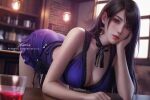  1girl ass bar_(place) bent_over black_hair blurry blurry_background breasts brown_eyes cleavage crescent crescent_earrings cup dress drinking_glass earrings final_fantasy final_fantasy_vii final_fantasy_vii_remake hand_on_own_face jewelry lamp large_breasts long_hair official_alternate_costume paid_reward_available purple_dress sleeveless sleeveless_dress solo tifa_lockhart tifa_lockhart_(refined_dress) wickellia window 