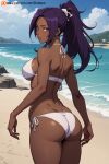 1girl ai-generated ass back bare_shoulders beach bleach breasts closed_mouth cowboy_shot dark-skinned_female dark_skin donben from_behind huge_ass huge_breasts large_breasts long_hair looking_at_viewer looking_back mountainous_horizon outdoors patreon_logo patreon_username purple_hair self-upload shihouin_yoruichi solo swimsuit water web_address 
