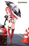  1girl arched_back ass bare_shoulders belt boots breasts car closed_mouth closers crop_top cropped_vest elbow_gloves full_body gloves hairband high_heel_boots high_heels highres holding holding_umbrella long_hair looking_at_viewer looking_back luna_aegis_(closers) midriff motor_vehicle non-web_source official_art purple_eyes race_queen red_hair short_shorts shorts single_thighhigh sleeveless smile solo standing thigh_boots thighhighs thighs traffic_cone umbrella vest 