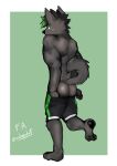 absurd_res anthro asleepchef black_body black_fur bottomwear butt canid canine canis clothed clothing domestic_dog fur green_eyes green_hair hair hi_res male mammal muscular muscular_male partially_clothed paws shirtless_male shorts shorts_down simple_background solo standing tail