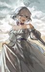  1girl :d absurdres ahoge bare_shoulders blue_eyes breasts buming_(0hate4) choker cleavage cloud cloudy_sky commentary_request cowboy_shot dress furina_(genshin_impact) genshin_impact grey_dress grey_hair highres long_hair off-shoulder_dress off_shoulder open_mouth outdoors purple_choker sky smile solo standing very_long_hair 