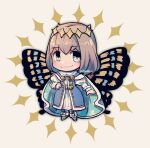  1boy blush brown_hair butterfly_wings cape chibi closed_mouth dress_shoes fate/grand_order fate_(series) full_body grey_eyes insect_wings juliet_sleeves kotorai long_sleeves looking_at_viewer male_focus oberon_(fate) puffy_sleeves short_hair signature simple_background smile solo wings 