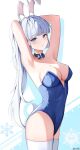  1girl animal_ears armpits arms_up bare_arms bare_shoulders black_choker blue_eyes blue_hair blue_leotard breasts choker cleavage commentary cowboy_shot fake_animal_ears fake_tail genshin_impact kamisato_ayaka leotard long_hair looking_at_viewer medium_breasts parted_lips playboy_bunny rabbit_ears rabbit_tail simple_background solo standing strapless strapless_leotard tail thighhighs thighs very_long_hair white_background white_thighhighs yeni1871 