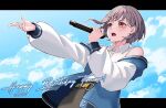  1girl absurdres bang_dream! bang_dream!_it&#039;s_mygo!!!!! belt blush buttons cloud collared_shirt commentary dutch_angle earrings english_commentary grey_hair happy_birthday highres holding holding_microphone ichi_(bttrfl1es) jacket jewelry letterboxed letterman_jacket long_sleeves looking_ahead microphone music off_shoulder open_clothes open_jacket open_mouth orange_eyes outline outstretched_arm pearl_earrings shirt short_hair singing sky sleeveless sleeveless_shirt solo takamatsu_tomori teeth upper_teeth_only white_outline white_shirt yellow_belt 