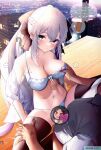  1girl bare_shoulders black_bow blue_eyes blush bow bra braid breasts cleavage clothed_sex collarbone dawapat dress_shirt fate/grand_order fate_(series) french_braid grey_hair hair_bow large_breasts long_hair looking_at_viewer morgan_le_fay_(chaldea_satellite_station)_(fate) morgan_le_fay_(fate) navel nude office_lady panties pantyhose ponytail sex shirt sidelocks solo spread_legs thighhighs thighs underwear very_long_hair 