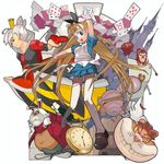  alice_(wonderland) alice_in_wonderland bad_id bad_pixiv_id card card_creature castle cheshire_cat double_bun dress floating_card multiple_girls pocket_watch queen_of_hearts thighhighs watch white_rabbit yuuki_(irodo_rhythm) zettai_ryouiki 