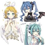  3girls :d :o angel angel_and_devil aqua_eyes aqua_hair armlet ascot bangs_pinned_back bare_shoulders black_ascot black_gloves black_shirt blonde_hair blue_capelet blue_eyes blue_hair bracelet brooch capelet cropped_torso crossed_arms demon demon_girl demon_horns demon_wings dress dual_persona elbow_gloves fang feathered_wings gloves hair_between_eyes hair_ornament hairpin halo hand_on_own_cheek hand_on_own_face hatsune_miku headset highres horns jewelry kagamine_rin long_hair looking_at_viewer microphone multiple_girls naguno-0713 number_tattoo open_mouth parted_bangs shirt sidelocks signature simple_background skin_fang sleeveless sleeveless_shirt smile tattoo teeth twintails upper_teeth_only very_long_hair vocaloid white_background white_dress white_shirt white_wings wings 