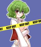  blue_background blush bococho bottomless breasts caution_tape censored covering covering_crotch green_hair kazami_yuuka keep_out large_breasts no_bra open_clothes open_shirt plaid plaid_vest red_eyes shirt short_hair slit_pupils smile solo touhou vest 