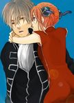  1boy 1girl arm_around_neck artist_request ascot blonde_hair blue_background blue_eyes blurry bokeh bun_cover china_dress chinese_clothes depth_of_field double_bun dress gintama grey_hair hair_between_eyes hair_bun hetero hug jacket kagura_(gintama) looking_at_another looking_at_viewer okita_sougo open_mouth parted_lips pink_hair red_dress red_eyes short_sleeves simple_background tassel uniform upper_body 
