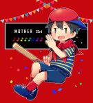  0mzum1 1boy :d anniversary bandana baseball_cap black_eyes black_hair blue_footwear blue_shirt blue_shorts blush blush_stickers confetti copyright_name eighth_note hair_between_eyes hand_up hat highres looking_at_viewer male_focus mother_(game) mother_1 musical_note ninten open_mouth outline red_background red_bandana red_headwear red_socks shirt shoes short_hair short_sleeves shorts sideways_hat simple_background smile socks solo string_of_flags striped_clothes striped_shirt t-shirt two-tone_shirt v-shaped_eyebrows white_outline yellow_shirt 