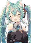  1girl :d animal_ear_fluff animal_ears bare_shoulders black_sleeves blue_necktie blush cat_ears cat_girl cat_tail closed_eyes collared_shirt detached_sleeves dot_nose facing_viewer fang frilled_shirt frills grey_shirt hair_between_eyes hatsune_miku headset heart highres kemonomimi_mode long_hair long_sleeves microphone naguno-0713 necktie open_mouth own_hands_together shirt sidelocks signature simple_background skin_fang sleeveless sleeveless_shirt sleeves_past_fingers sleeves_past_wrists smile solo sparkle tail twintails very_long_hair vocaloid white_background 