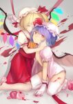  2girls absurdres ascot bat_wings blonde_hair closed_eyes closed_mouth collared_shirt facing_another flandre_scarlet gloves hand_on_another&#039;s_cheek hand_on_another&#039;s_face hat highres holding_another&#039;s_head hug looking_at_viewer medium_hair mob_cap multicolored_wings multiple_girls no_pants no_shoes pink_shirt puffy_short_sleeves puffy_sleeves purple_hair red_eyes red_ribbon red_skirt red_vest remilia_scarlet ribbon ribbon-trimmed_headwear ribbon_trim shirt short_sleeves siblings sisters skirt sleeve_ribbon thighhighs touhou vest white_gloves white_headwear white_shirt white_thighhighs wings yellow_ascot yumao_(miaowuxiaoxue) 