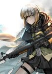  1girl absurdres assault_rifle black_dress black_gloves black_jacket closed_mouth dress eyepatch girls&#039;_frontline gloves gun highres jacket long_hair long_sleeves looking_to_the_side m16 m16a1 m16a1_(boss)_(girls&#039;_frontline) m16a1_(girls&#039;_frontline) mole mole_under_eye multicolored_hair rifle scar senpaihawkkun shirt simple_background weapon white_hair yellow_eyes yellow_shirt 