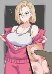  1boy 1girl after_fellatio android_18 blonde_hair blue_eyes blush breasts bukkake cellphone cellphone_photo cleavage commentary_request cum cum_in_mouth cum_on_body cum_on_breasts cum_on_clothes cum_on_hair dragon_ball dragon_ball_super earrings ejaculation facial hetero holding holding_phone jacket jewelry juxtaposition large_breasts long_sleeves looking_at_viewer mikoyan navel nipples paizuri pants penis phone pink_track_suit pov pov_hands short_hair simple_background smartphone solo_focus track_jacket track_pants track_suit 