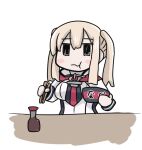  1girl anchor_ornament blonde_hair bottle bowl breasts capelet chibi chopsticks eating graf_zeppelin_(kancolle) hair_between_eyes kantai_collection large_breasts long_hair necktie simple_background solo soy_sauce twintails two-tone_necktie upper_body white_background yuuki_shishin 