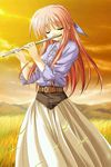  closed_eyes flute game_cg grass instrument kiba_satoshi long_hair ouuta_chiaki pink_hair puchi_cherry_~anata_to_iru_kisetsu~ sakana solo 
