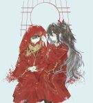  2boys bead_necklace beads black_hair chinese_clothes coat dress gold_trim half_updo hand_up hanfu highres hong_lu_(project_moon) jewelry lattice limbus_company long_hair long_sleeves meijiichigo multiple_boys neck_tassel necklace project_moon red_coat red_dress red_veil sitting very_long_hair wedding wide_sleeves yaoi yi_sang_(project_moon) 