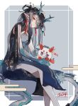  1girl 2024 absurdres arknights black_hair china_dress chinese_clothes dragon_girl dragon_horn dress dusk_(arknights) highres looking_at_viewer pointy_ears sitting solo tattoo units_lustil yellow_eyes 
