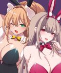  1girl 2girls :d animal_ears bare_shoulders black_leotard blonde_hair blush bow bowtie breasts chiji_komari cleavage detached_collar fake_animal_ears fake_tail fang goddess_of_victory:_nikke green_eyes hair_intakes hair_ornament horns large_breasts leotard light_brown_hair long_hair looking_at_viewer mole mole_under_eye multiple_girls nail_art official_alternate_costume one_eye_closed open_mouth pink_bow pink_bowtie pink_horns pink_leotard playboy_bunny ponytail rabbit_ears rabbit_tail red_eyes rupee_(nikke) rupee_(rabbit_deluxe)_(nikke) smile solo strapless strapless_leotard tail viper_(nikke) viper_(toxic_rabbit)_(nikke) yellow_bow yellow_bowtie 