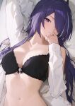  1girl black_bra bra breasts character_request cleavage closed_mouth copyright_request hair_over_one_eye hand_to_own_mouth highres large_breasts looking_at_viewer navel open_clothes open_shirt purple_eyes purple_hair shirt solo sooon underwear white_shirt 