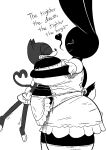 2019 4_fingers anthro apron barefoot belly big_breasts biped black_and_white black_heart black_text blush blush_lines bottomwear breasts closed_smile clothed clothed_anthro clothed_female clothed_male clothing countershade_tail countershading digital_drawing_(artwork) digital_media_(artwork) domestic_cat dress embrace english_text eyelashes eyes_closed face_in_breasts feet felid feline felis female female_anthro fingers front_view full-length_portrait furgonomics gesture gloves handwear hug inkblot inky_(thatoneaceguy) lagomorph larger_anthro larger_female legwear leporid male male/female male_anthro mammal monochrome mouth_closed open_mouth open_smile overweight overweight_anthro overweight_female portrait rabbit rabbit_ears scut_tail shirt short_tail shorts side_view simple_background size_difference smaller_anthro smaller_male smile solo standing tail tail_gesture tail_heart teeth text thatoneaceguy thick_thighs thigh_highs three-quarter_portrait tight_clothing tilde_after_text toeless_(marking) topwear waist_apron white_background