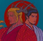  2boys alternate_costume antlers bara blonde_hair broad_shoulders brown_hair dragon_boy expressionless facial_hair goatee goda_ryuji haori highres japanese_clothes kimono kiryu_kazuma long_sideburns looking_at_viewer loose_hair_strand male_focus mature_male medium_sideburns monsterification multiple_boys pectorals pointy_ears red_kimono ryuu_ga_gotoku_(series) scar scar_on_face scar_on_mouth short_hair side-by-side sideburns sugo6s thick_eyebrows tsurime two-tone_background upper_body white_kimono 