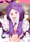 1girl alternate_costume animal_costume aronyan_2828 bed_sheet blue_archive chinese_zodiac cloak commentary_request demon_girl demon_horns demon_wings dragon_costume forehead halo head_tilt heart highres hina_(blue_archive) hood hooded_cloak horns hugging_own_legs knees_up long_hair long_sleeves looking_at_viewer on_bed parted_bangs pillow purple_eyes sidelocks sitting smile solo wavy_hair white_hair wings year_of_the_dragon 