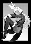  absurdres animal_ears boots breasts cleavage copyright_request dark_skin gloves highres jacket long_hair looking_at_viewer monochrome playboy_bunny rabbit_ears rabbit_tail tail thigh_boots tsukumo_nikyu white_gloves 