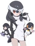  3girls adelie_penguin_(kemono_friends) black_hair chinstrap_penguin_(kemono_friends) gloves hair_over_one_eye highres hood hoodie kemono_friends king_penguin_(kemono_friends) kunikuni_(kunihiro2005) leotard long_hair looking_at_viewer microphone multiple_girls one_eye_closed penguin_girl penguin_tail red_eyes simple_background sweater tail 