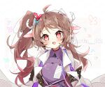  1girl arknights artist_name asymmetrical_hair blush brown_hair commentary_request eyjafjalla_(arknights) eyjafjalla_the_hvit_aska_(arknights) horns itsuki_02 jacket long_hair looking_at_viewer open_mouth purple_shirt red_eyes sheep_girl sheep_horns shirt side_ponytail solo twitter_username upper_body white_jacket 