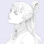  blunt_bangs chun-li disappointed earrings hair_ornament hairclip high_collar jewelry lipstick makeup monochrome official_alternate_costume official_alternate_hairstyle ponytail simple_background sketch street_fighter unfinished 