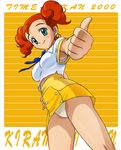  armpit_peek copyright_name cowboy_shot dutch_angle earrings green_eyes hand_on_hip haruyama_kazunori jewelry kaitou_kiramekiman lip_(kiramekiman) midriff orange_hair panties solo thumbs_up time_bokan_(series) twintails underwear up_sleeve 