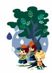  3boys arm_up backpack bag black_hair blonde_hair blue_shorts brown_bag chibi child closed_mouth full_body hat hitofutarai holding holding_map lucas_(mother_3) male_focus map mother_(game) mother_1 mother_2 mother_3 multiple_boys neckerchief ness_(mother_2) ninten red_headwear red_neckerchief shirt short_sleeves shorts sitting smile solid_oval_eyes striped_clothes striped_shirt tree under_tree water_drop white_background 