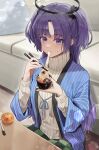  1girl absurdres blue_archive bowl chopsticks couch eating fingernails floor food fruit halo highres holding holding_bowl holding_chopsticks indoors jyon_(xrmn8737) kotatsu long_hair looking_at_viewer mandarin_orange mechanical_halo mochi noa_(blue_archive) pen purple_eyes purple_hair ribbed_sweater solo sweater table turtleneck turtleneck_sweater two_side_up white_sweater yuuka_(blue_archive) 