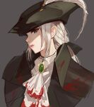 1girl ascot black_coat bloodborne brooch coat commentary grey_background grey_eyes grey_hair hat hat_feather highres jewelry lady_maria_of_the_astral_clocktower long_hair looking_at_viewer shedar simple_background solo tricorne upper_body white_ascot 