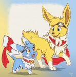 2016 3_fingers 3_toes bell bell_collar black_nose blue_body blue_eyes blue_fur chest_tuft collar cute_fangs duo eevee eeveelution eyewear eyewear_on_head fakemon feet feral fingers fur generation_1_pokemon goggles goggles_on_head head_tuft hi_res jolteon mac_(shrike_alvaron) male nintendo open_mouth paws pikachu pokemon pokemon_(species) scarf shellyochunks shrike_alvaron simple_background tail tail_tuft teeth toes tongue tuft white_body white_fur yellow_body yellow_eyes yellow_fur